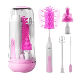 Electric Bottle Brush Cleaner, Portable Electric Baby Bottle Brush Cleaner for Travel, Rechargable Travel Bottle Cleaner Kit with Nipple & Straw Brush, Perfect Mom Essentials After Birth Gift, Pink