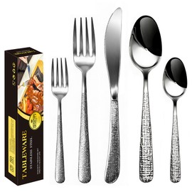 Modern Flatware Set, 5-Piece Stainless Steel Silverware with Knife, Forks & Spoons, Hammered Handle Design, Mirror Polished, Dishwasher Safe, Gift Box Included