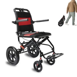 FamilyRoots Lightweight Folding Transport Wheelchair for Seniors, Compact Travel Wheelchair with Flat-Free Tires, Carry Handle, Mobility Aid for Elderly, Supports Up to 220 lbs, Red