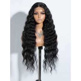 Joedir Lace Front Wig Long Wavy Black Wigs for Women 30 Inches Deep Part Cury Wave Wig Natural Looking Synthetic Heat Resistant Fiber Wig for Daily Party Use