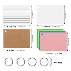 Agoer Pack of 500 Index Cards, Double-Sided Print Lined Index Cards (125 x 85 mm) with Kraft Cover and Loose Leaf Ring, Flashcards, White, Revision Cards, Vocabulary Cards for On the Go Vocabulary