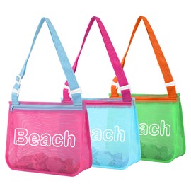 Iqimott 3Pcs Kids Letter Beach Shell Bag, Seashell Mesh Zipper Beach Pouch, Shell Collecting Bag for Holding Shells with Adjustable Straps, Sand Toys Pool Swimming Accessories Gift for Girl Boy Teens(beach)