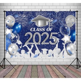 Lofaris Class of 2025 Party Photography Backdrop Royal Blue and Silver Congrats Grad Graduation Caps Background Celebration Graduation Prom Party Supplies Banner Photo Studio Props 9x6ft