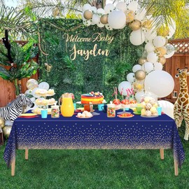 4 Pcs Navy Blue Plastic Tablecloth Gold Dot Blue Table Cloths, 54×108 inches Disposable Gold Dot Confetti Dark Blue Table Cover for Anniversary Friendsgiving Fine Dining Graduation Party Decoration