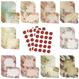 160 Pcs Stationery Paper Envelopes Set Includes 50 Lined Writing Paper & 50 Envelopes with 60 Colorful Round Dot Stickers, Vintage Floral Letter Writing and Stationery Paper Envelopes(10Style)