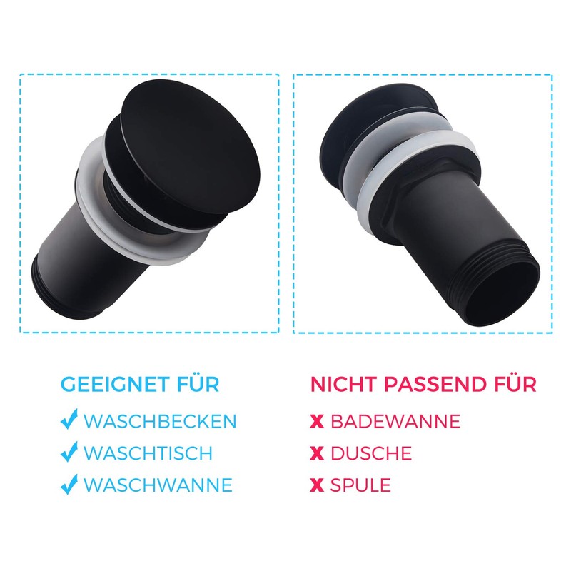 Drain Fitting with Overflow Black Matt, Keymark Universal Drain Valve