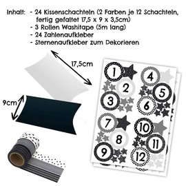 Papierdrachen 24 Advent Calendar Pillow Boxes with Washi Tape and Black and White Number Stickers 24 Cushion Boxes for Individual Filling and Designing