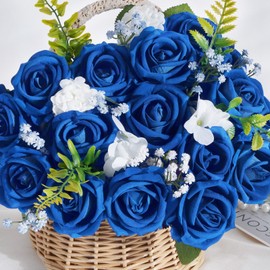 BLEUM CADE 100 Pcs Blue Roses Artificial Flowers, Real Touch Velvet Roses Fake Flowers Bulk, Artificial Roses Bouquet with Long Stems Bridal DIY Wedding Party Centerpiece Decorations