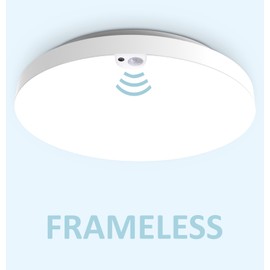 Motion Sensor Ceiling Light, 9 Inch Flush Mount, 120V 18W LED, 1800 Lm, 5 Color 2700/3000/3500/4000/5000K, 4 Brightness Adjustable, Rimless 10% Standby Bi-Level with Delay Off, ETL Certified