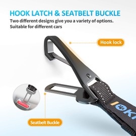 Dog Seat Belt 3-in-1 Car Harness for Dogs Adjustable Safety Seatbelt for Car Nylon Reflective Bungee Fabric Dog Car Harness with Clip Hook Latch & Buckle, Swivel Zinc Alloy Carabiner (Black)