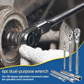 FOXCODE 6-Piece Flex Head Ratchet Set, Chrome Vanadium Steel, 1/4", 3/8", 1/2" Drive with Extension Bars, 72 Tooth 180° Adjustable Quick-Release Professional Swivel Head Ratchet Wrench Gift Set