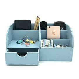 UnionBasic Office Desk Organizer - Multifunctional PU Leather Desktop Storage Box - Business Card/Pen/Pencil/Mobile Phone/Stationery Holder (Blue)