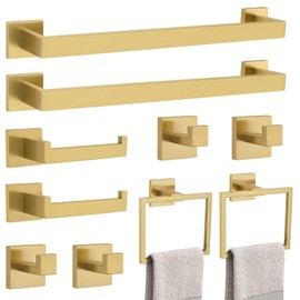 TNOMS Brushed Gold 10 Pieces Bathroom Hardware Accessories Set Towel Bar Set Towel Holder&Racks Set for Bathroom,SUS304 Stainless Steel,Wall Mounted 16-Inch