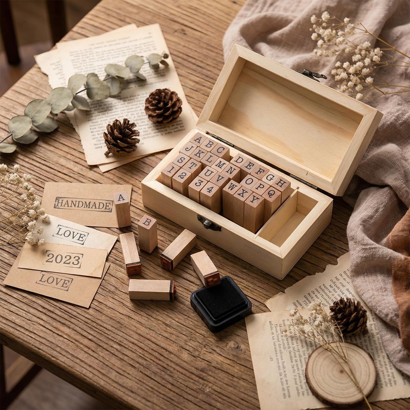 houlishu 36 Pcs Alphabet Number Stamps - Wooden Rubber Vintage