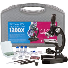 AmScope-KIDS M30-ABS-KT1 Beginner Microscope Kit, LED and Mirror Illumination, 120x - 1200x Six Magnifications, Metal Frame and Base, Includes 48-Piece Accessory Set and Case,Black