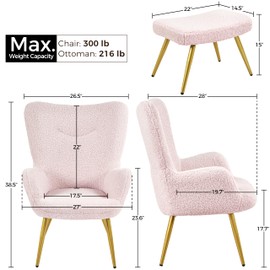 Yaheetech Accent Chair with Ottoman, Boucle Fabric Armchair Footstool, Modern and Cozy Vanity Chair with Golden Legs for Living Room, Lounge, Makeup Room, Bedroom, Pink