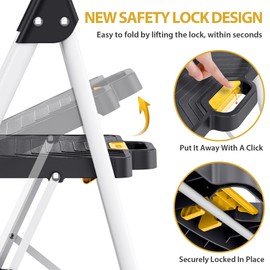 KINGRACK Sturdy Steel 4 Step Ladder, Folding Step Stool with Handrail, Anti-Slip Wide Pedals, Safe-Lock Design, Pass 800lbs Load Testing, Portable Ladder for Multi-Purpose in Home, Kitchen, White