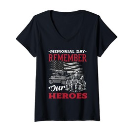 Womens Memorial Day Remember Our Heroes American USA Flag V-Neck T-Shirt