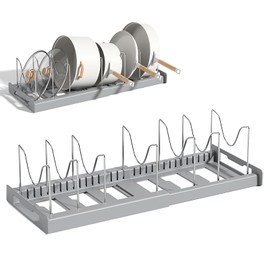 Pots and Pans Organizer Under Cabinet Pot Rack: Expandable Pot Lid Holder with 7 Adjustable Dividers for Kitchen Storage Cutting Boards, Bakeware, Lid, Grey