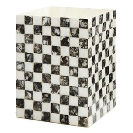 MACKENZIE-CHILDS Capiz Waste Bin, Decorative Bathroom and Bedroom Trash Can, Black-and-White Courtly Check