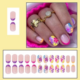 24Pcs Flower French Tip Press on Nails Short Oval Acrylic Fake Nails Spring False Nails with Colorful Floral Designs Full Cover Glue on Nails Cute Natural Artificial Nails for Women Girls