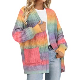 RITERA Womens Plus Size Cardigans Sweatershirts Long Cardigans Open Front Button Long Sleeeve Sweaters for Women Rainbow Print Fall Autumn Winter Oversize XL 12W 14W
