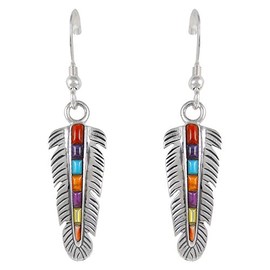 Genuine Turquoise & Gemstones Feather Earrings in Sterling Silver 925 (Multi)