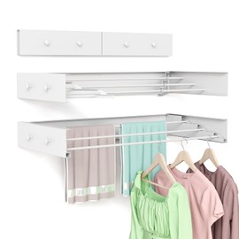 Wall Mounted Drying Rack for Laundry 23.6'', Foldable Laundry Drying Rack Clothing Wall Mount with 4 Towel Hooks and 4 Rods, Space Saving for Indoor Outdoor Bathroom Balcony (White, 23.6'')