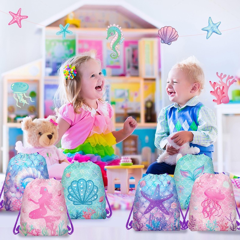 12 Pcs Mermaid Drawstring Bag Ocean Theme Backpack Organizer Great
