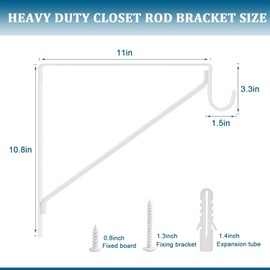 6PCS Heavy Duty White Closet Rod Brackets 11 x 11 Inch,1-3/8Inch Diameter Shelf and Rod Bracket Holder for Home and Closet Decor, Wall Mount Closet Pole Supports Bracket Hook with Screws
