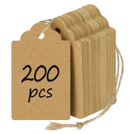 Uniclife 200 Pcs Price Tags with String Attached Writable Brown Kraft Paper Tags with Jute Twine Hang Tags Price Display Labels for Clothing Jewelry Blank Merchandise Marking Tags, 1.38" x 0.87"