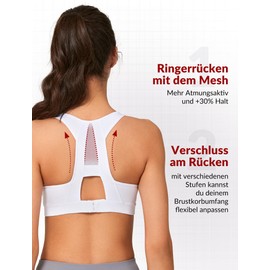Yvette Sports Bra, Strong Hold, Mesh, Ringer Back, for Large Breasts, Without Underwire, Padded for Fitness, Running, Yoga, White