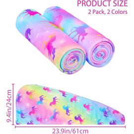 WUBAYI 2 Pack Microfibre Hair Towels - Quick Drying, Super Absorbent With Button. Designed For Wet Hair Wraps, Women's & Girls' Rainbow Unicorn