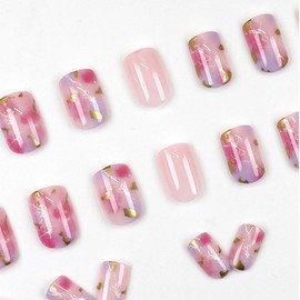 Nail Tip, Short, 24 Pieces, False Nails, Pink, Gold Foil, Popular, Japanese Style, Cute, Nail Tip, Simple, Fashionable Party, Autumn, Spring, Summer, Daily Life, Bridal Nail Tip, Coming of Age