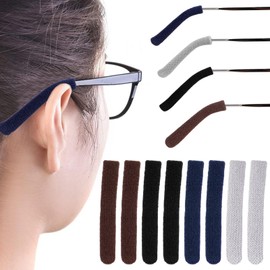 Soft Eye Glasses Ear Cushion Soft Knitting Cotton Eyeglasses Temple Tips Sleeve Retainer Anti-Slip Elastic Eyeglasses Ear Grips for Reading Glasses, Sunglasses (4 Pairs, Black, Grey, Brown, Navy Blue)