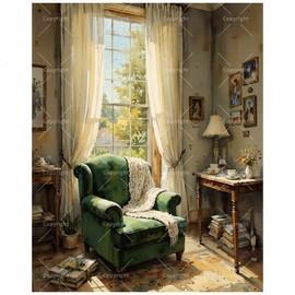 Interior Paint by Numbers Kit for Adults - DIY Cozy Reading Corner with Green Chair Painting on Canvas 16x20 Inches, Acrylic Paint Set, Suitable for Beginners, Home Art for Decoration/Gifts