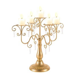 15.3in Gold Candelabra Centerpieces for Tables, 5 Arm Crystal Candelabra for Pillar Candles, Metal Candelabra Candle Holders for Wedding Centerpiece Decor Party Event Reception Decoration