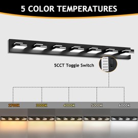 LKHF LED Modern Bathroom Vanity Light Fixtures 7-Light 5CCT Dimmable Matte Black Vanity Lights for Bathroom Lighting Fixtures Over Mirror, with 350° Rotatable Acrylic Heads, 48-inch