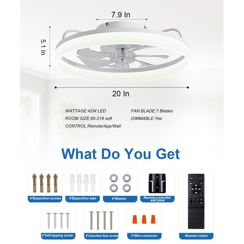 AQUBT Ceiling Fans with Lights and Remote, 20" Modern Low