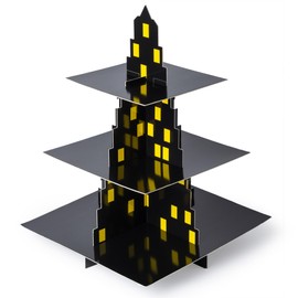 City Skyscraper Cupcake Stand 3 Tier Hero Party Supplies Building Cupcake Stand Black Skyscraper Dessert Stands for Birthday Table Decor Christmas Party Cupcake Stand ﻿