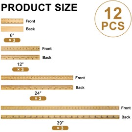 Fulmoon 12 Pieces Wood Double Sided Meter Stick Yard Stick Thick Wooden Ruler Measuring Stick Bulk for School Classroom Home Office Kids Measuring Meterstick (39", 12", 24", 6")