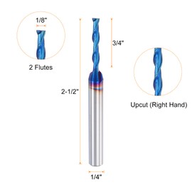 HARFINGTON Spiral Router Bit, 1/8" Cut Dia. Up Cut 2-Flute Solid Carbide End Mill with 1/4" Shank for CNC Wood Carving Engraving, 3/4" Cut Length, Blue Nano Coated