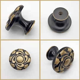 YEMCHI 2 Pack 34mm/ 1.33in Solid Brass Cabinet Knobs Black Gold, Antique Carved Decorative Kitchen Cabinet Pulls for Dresser Drawer, Luxury Hardware for Bedroom & Bathroom (2 Black Gold)