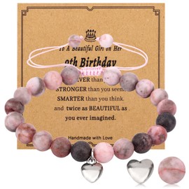 Mikovivi Natural Stone Bracelet for Women, Adjustable Bracelet with Heart Charm Beaded Jewelry 9th Presents with Card for Birthday Party (Pink)