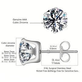 Earrings Silver Set, Yohong Stainless Steel Stud Earrings 6 Pairs for Men and Women, Elegant Fashion Shiny Cubic Zirconia Stone Earrings (3mm-8mm), Anti-Allergy/Waterproof, Suitable for All Ages