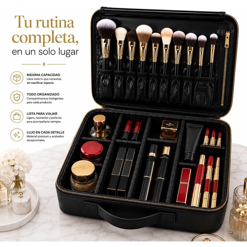 Organizador de Maquillaje Large con Divisores Ajustables, Compartimento para Brochas,