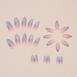BABALAL Blue Press on Nails Medium Almond Fake Nails Cat Eye Magnetic Design Glue on Nails Butterfly Bling Acrylic Nails 24Pcs Summer Manicure Shiny False Nails