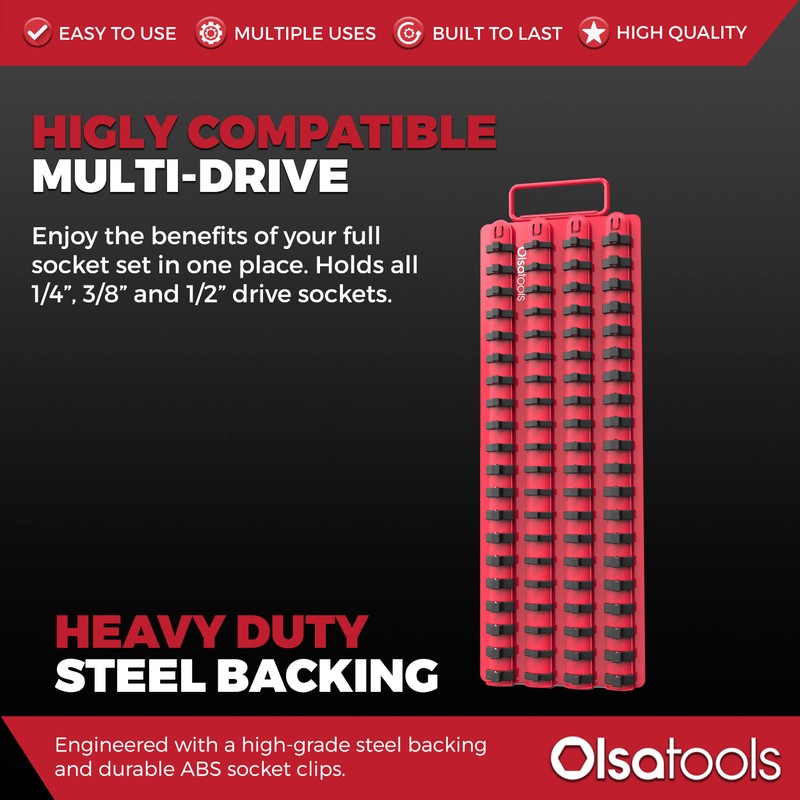 Olsa Tools Socket Organizer Tray - Portable Red Rail with