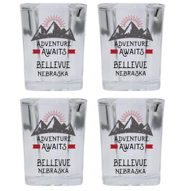 R and R Imports Bellevue Nebraska Souvenir 2 Ounce Square Base Liquor Shot Glass Adventure Awaits Design 4-Pack