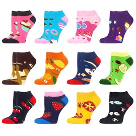 WeciBor 12 Pairs Women's Funny Colourful Trainer Socks Funny Casual Cotton Short Fun Socks, Purple/Orange/Blue/Pink/Green/Multicoloured Fruit Food-12B, 39 - 42